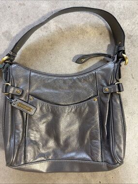 East 5th Black Leather Shoulder Bag with Brass Hardware